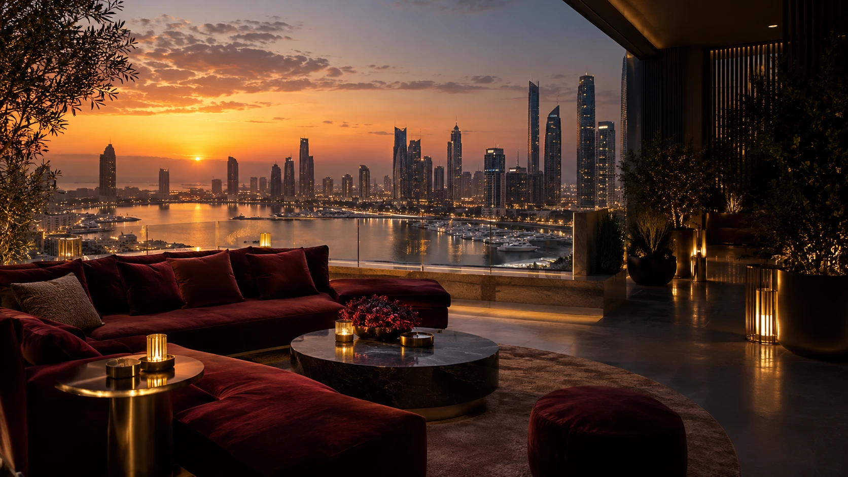 Burgundy lounge terrace overlooking a glowing waterfront skyline