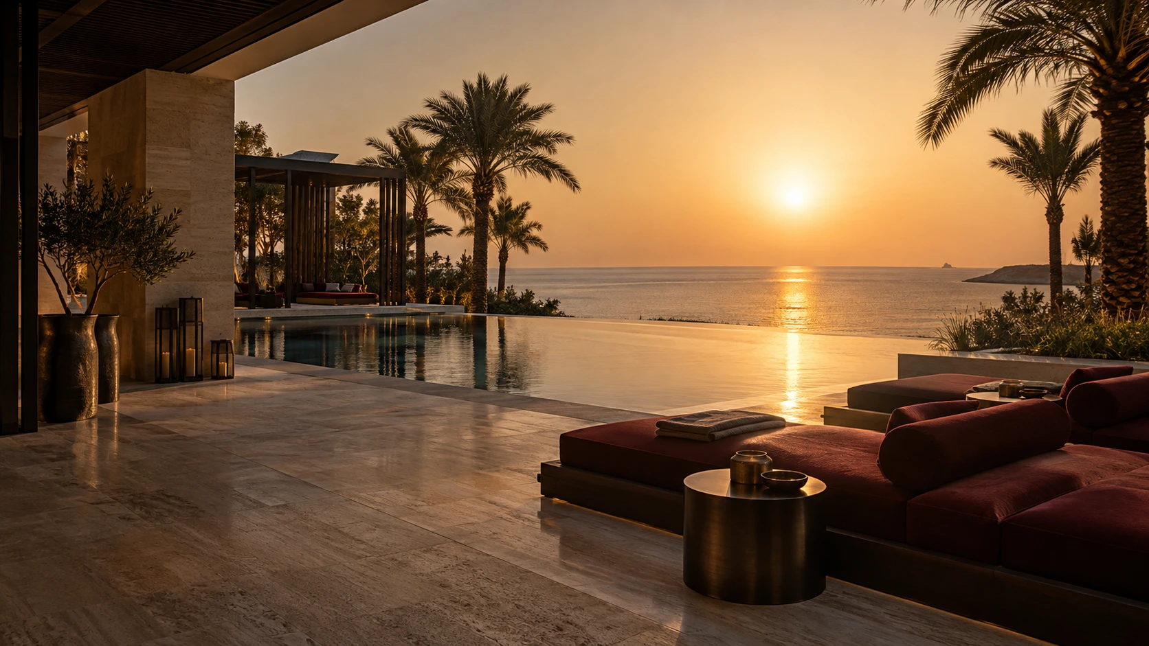 Seaside terrace with burgundy loungers, warm stone and a golden sunset